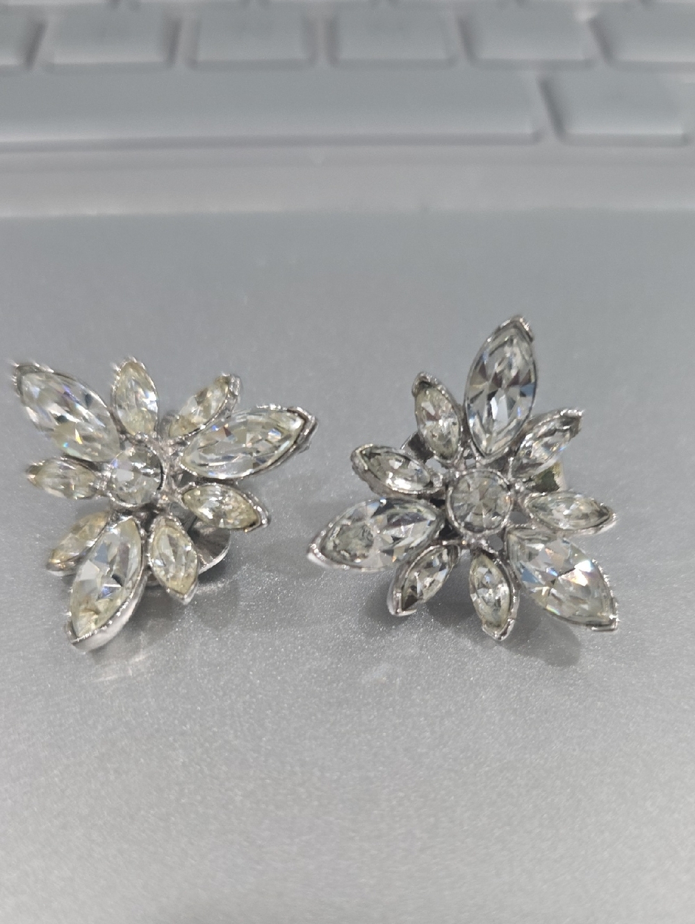 BOGOFF Silver Crystal Floral clip Earrings - Clear Sparkle